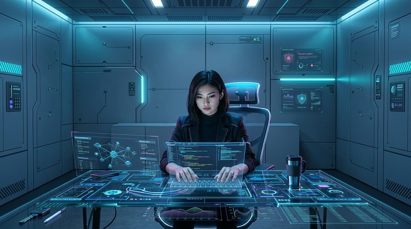 AI Professional typing at center laptop